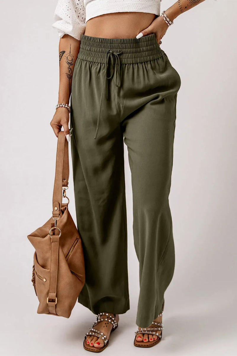 Smocked High Waist Wide Leg Pants - Bottoms