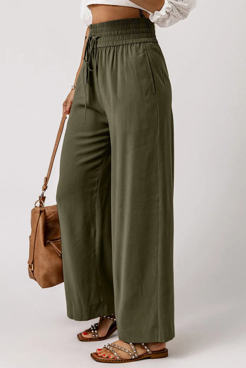 Smocked High Waist Wide Leg Pants - Bottoms