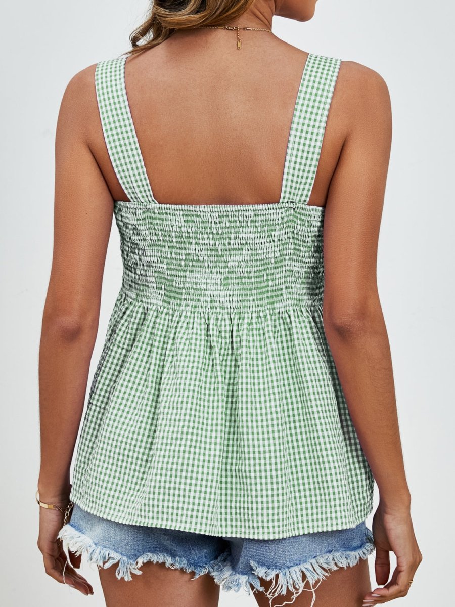 Smocked Plaid Square Neck Tank - Top
