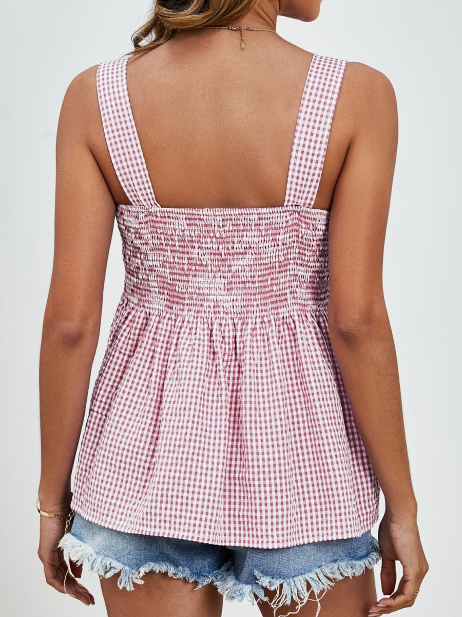 Smocked Plaid Square Neck Tank - Top