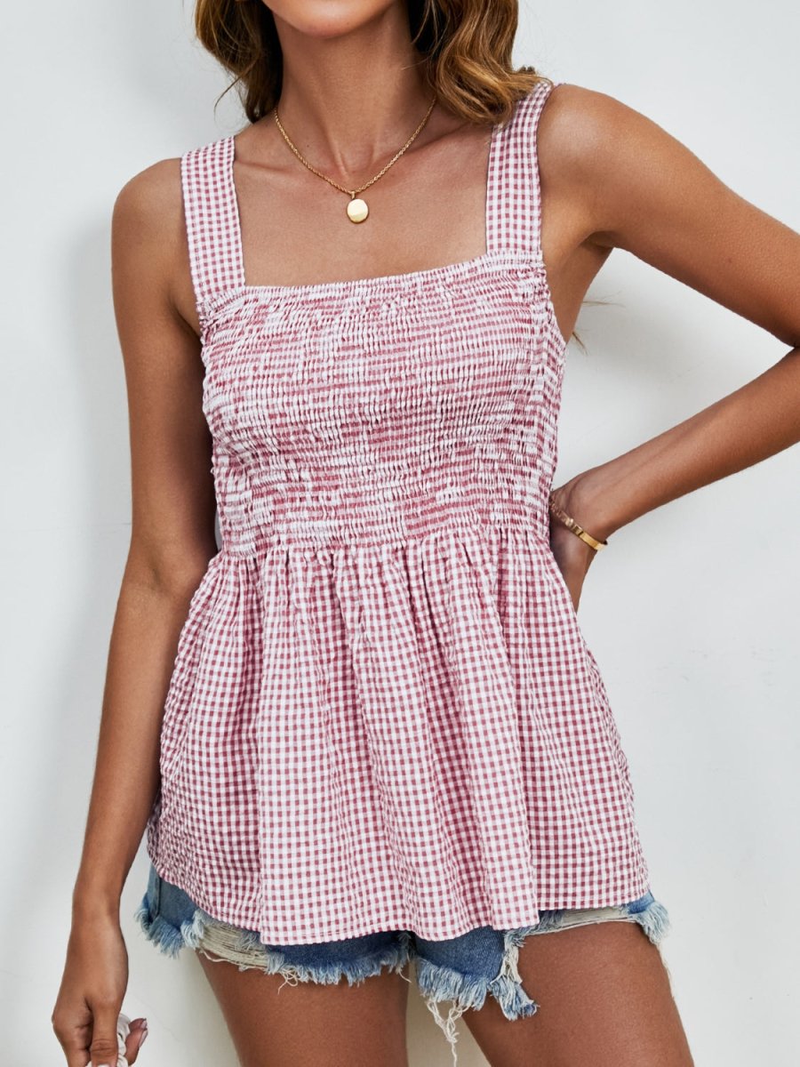 Smocked Plaid Square Neck Tank - Top