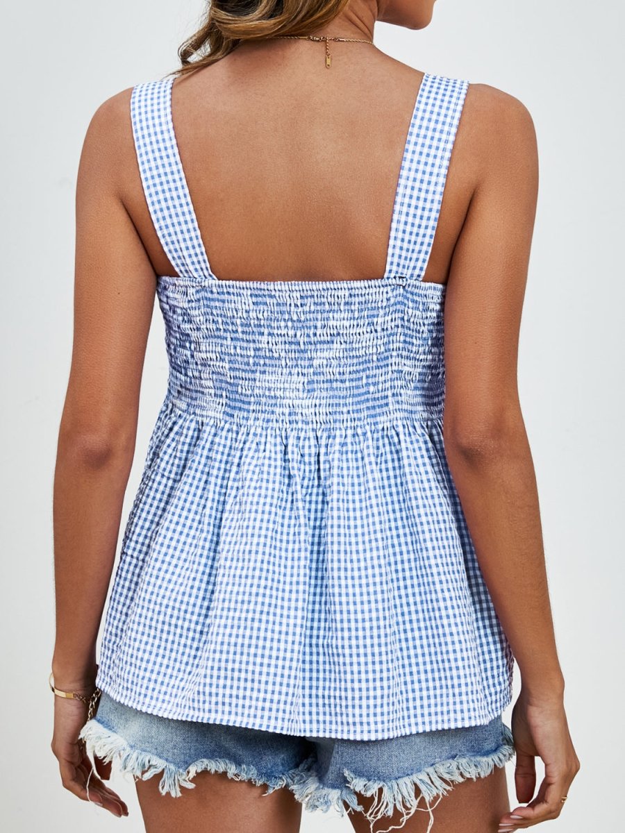 Smocked Plaid Square Neck Tank - Top