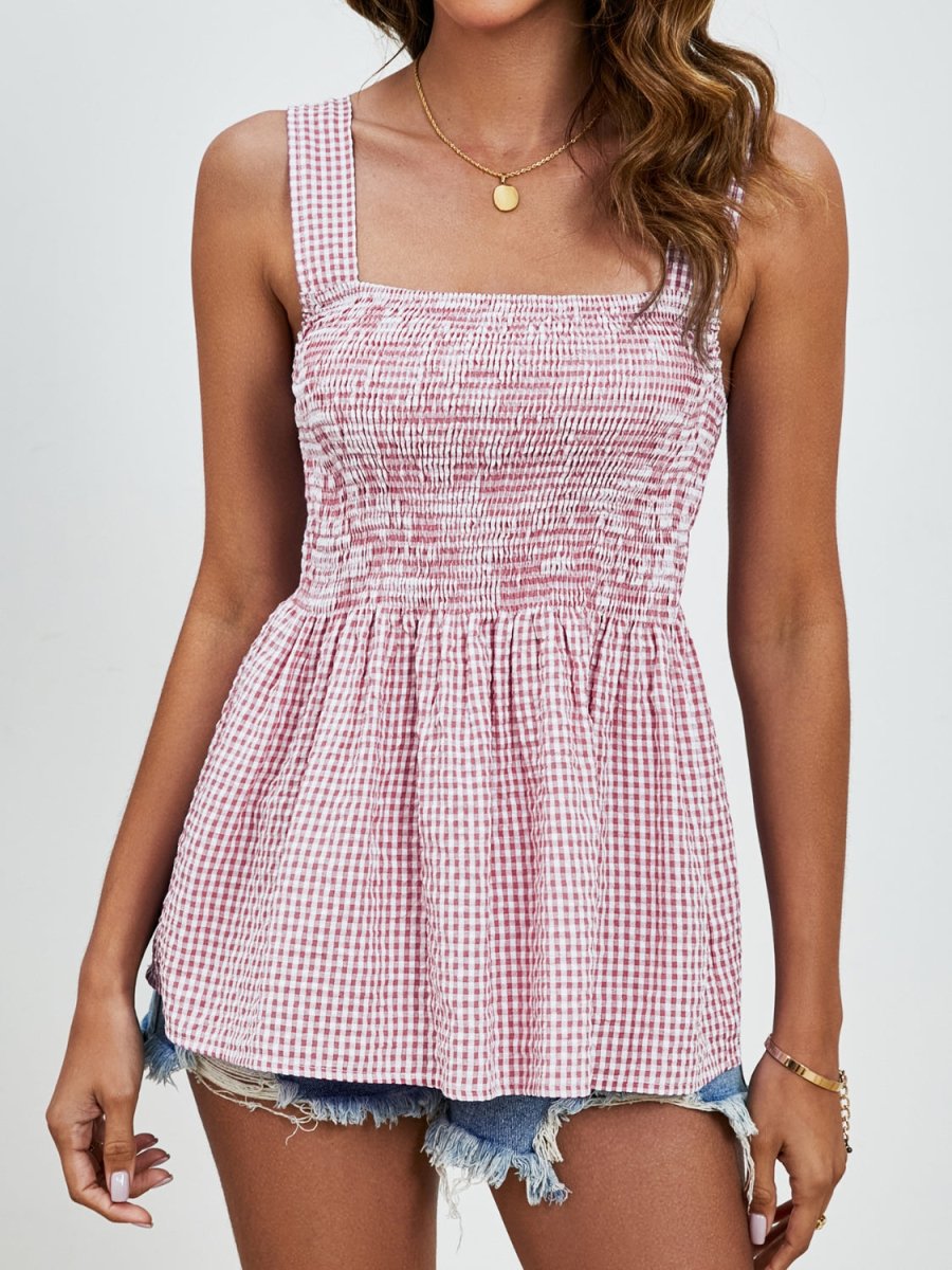 Smocked Plaid Square Neck Tank - Top