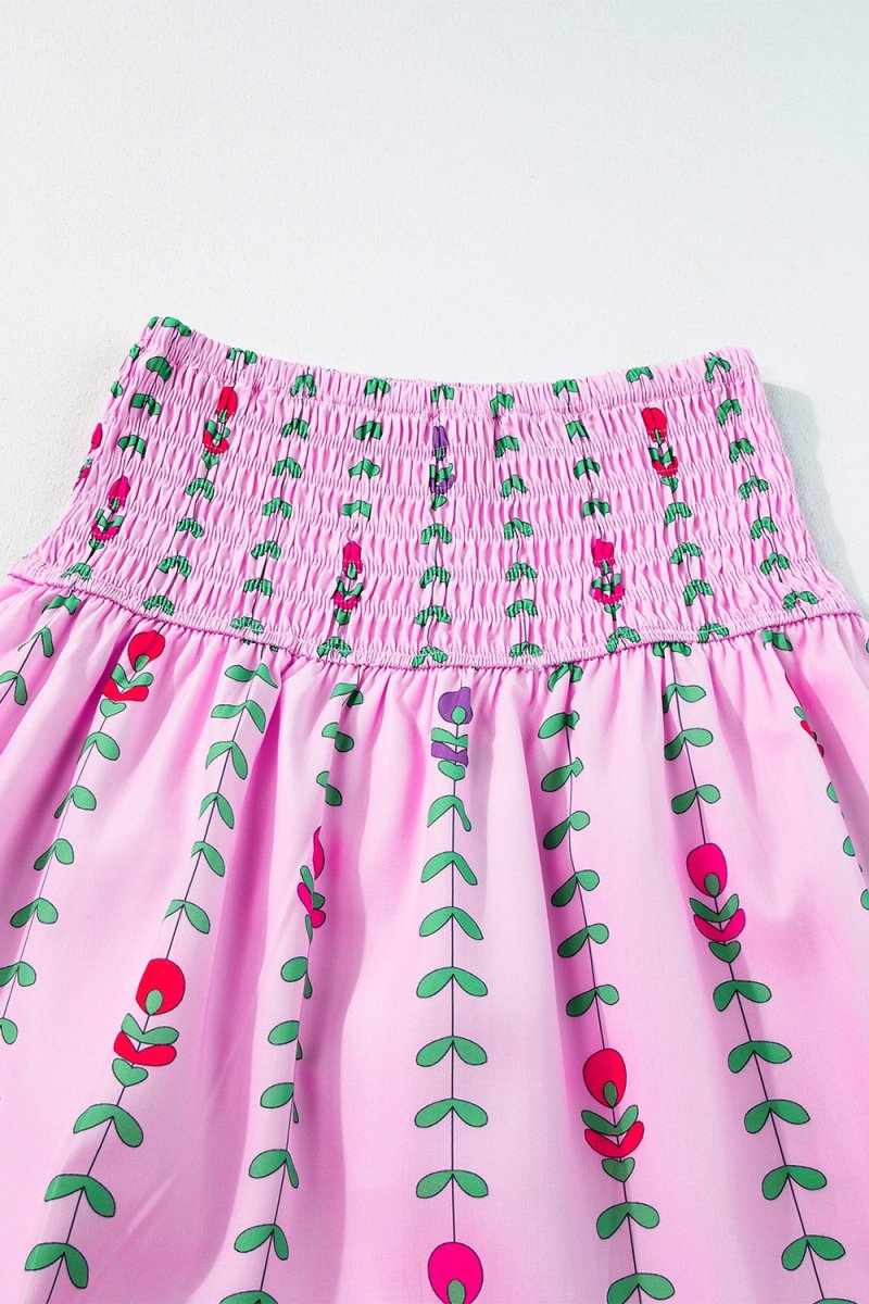 Smocked Printed High Waist Skirt - Bottoms