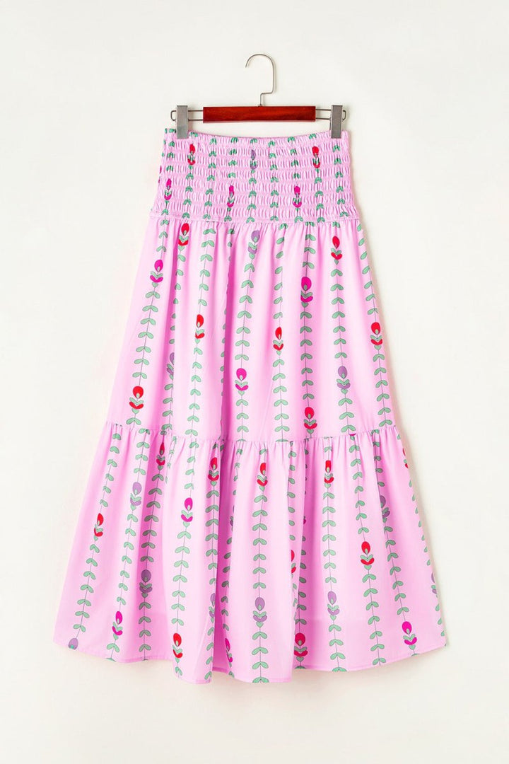 Smocked Printed High Waist Skirt - Bottoms