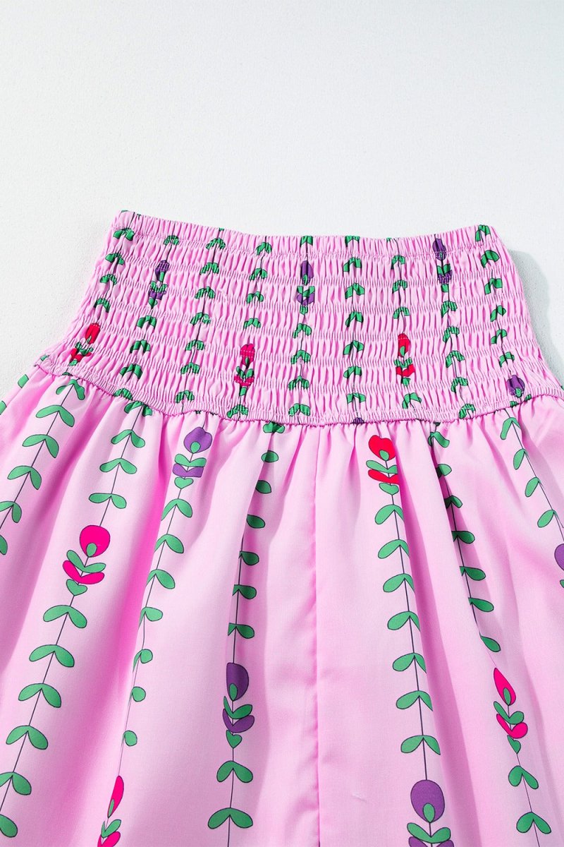 Smocked Printed High Waist Skirt - Bottoms