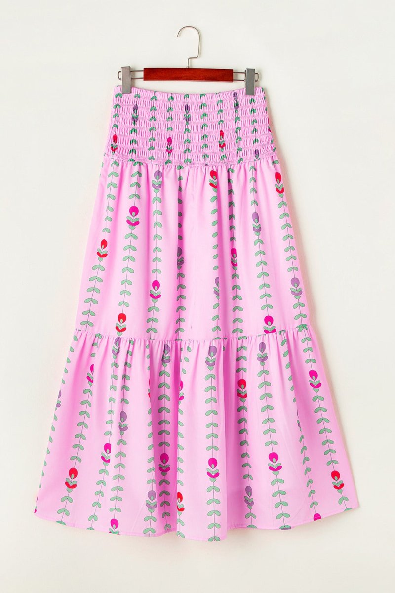 Smocked Printed High Waist Skirt - Bottoms