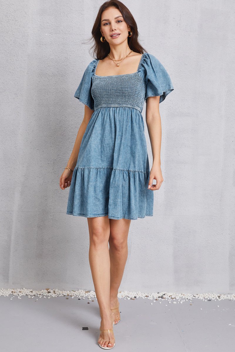Smocked Square Neck Mini Denim Dress - Denim Dress