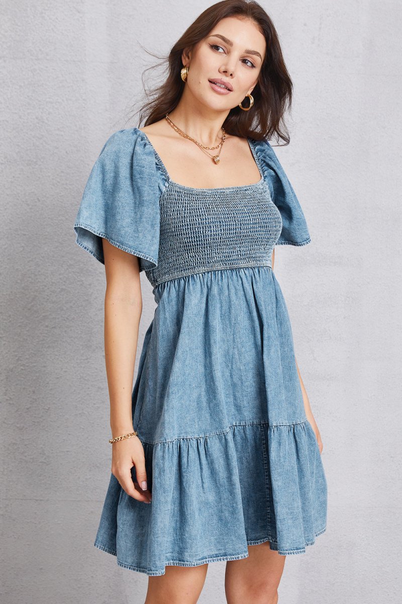 Smocked Square Neck Mini Denim Dress - Denim Dress