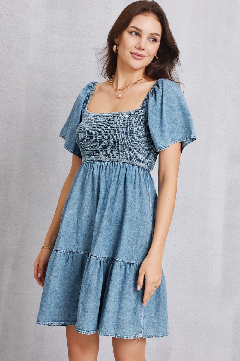 Smocked Square Neck Mini Denim Dress - Denim Dress