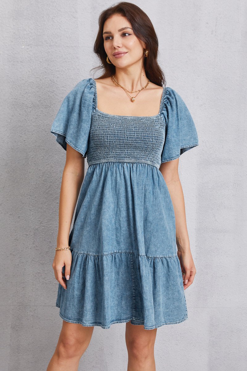 Smocked Square Neck Mini Denim Dress - Denim Dress