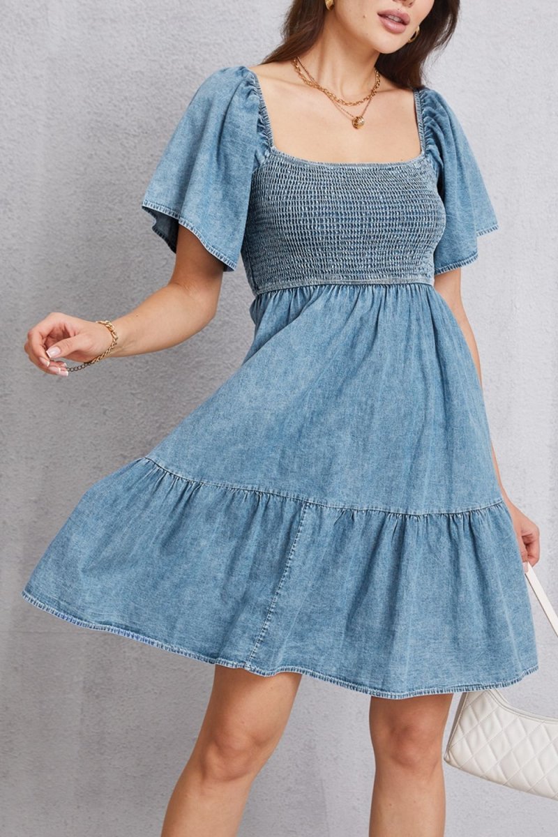 Smocked Square Neck Mini Denim Dress - Denim Dress