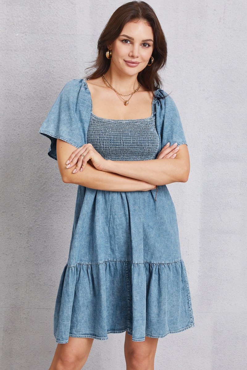 Smocked Square Neck Mini Denim Dress - Denim Dress