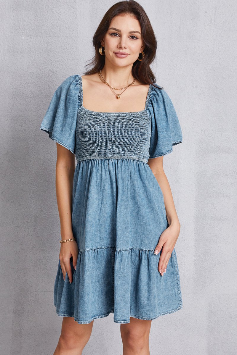 Smocked Square Neck Mini Denim Dress - Denim Dress