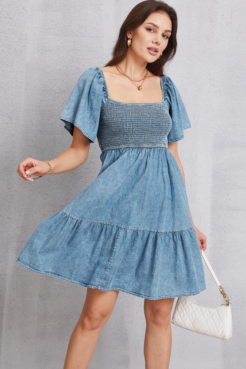 Smocked Square Neck Mini Denim Dress - Denim Dress