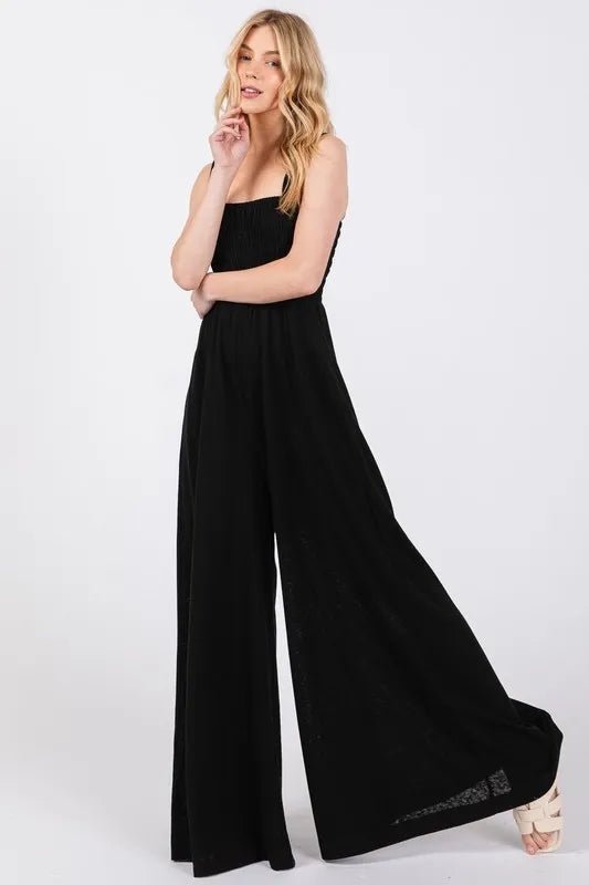 Smocked Wide Leg Jumpsuit with Pockets - 