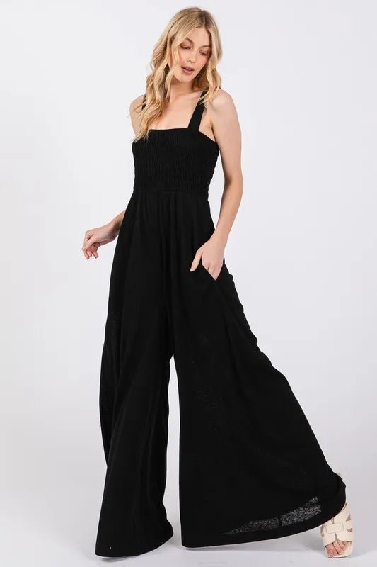 Smocked Wide Leg Jumpsuit with Pockets - 