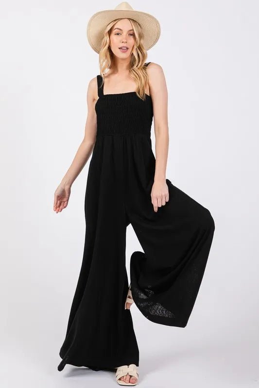 Smocked Wide Leg Jumpsuit with Pockets - 