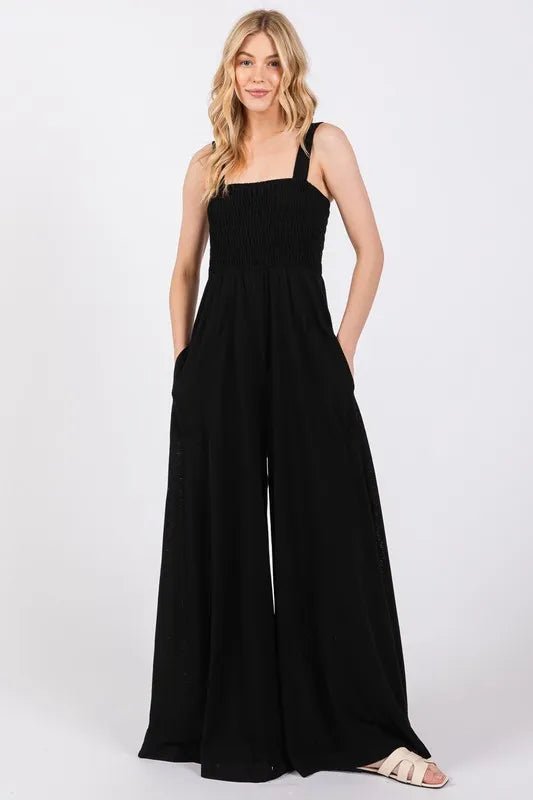 Smocked Wide Leg Jumpsuit with Pockets - 