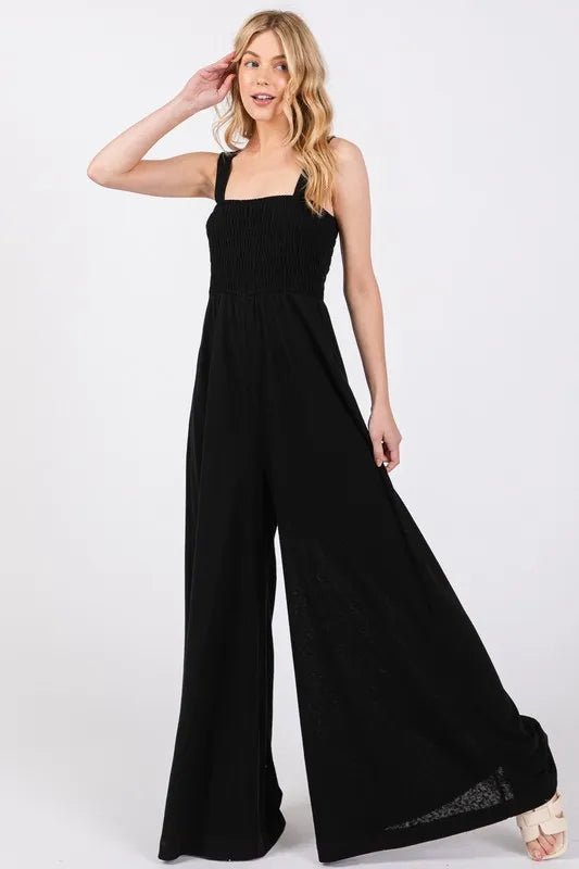 Smocked Wide Leg Jumpsuit with Pockets - 