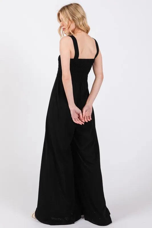 Smocked Wide Leg Jumpsuit with Pockets - 