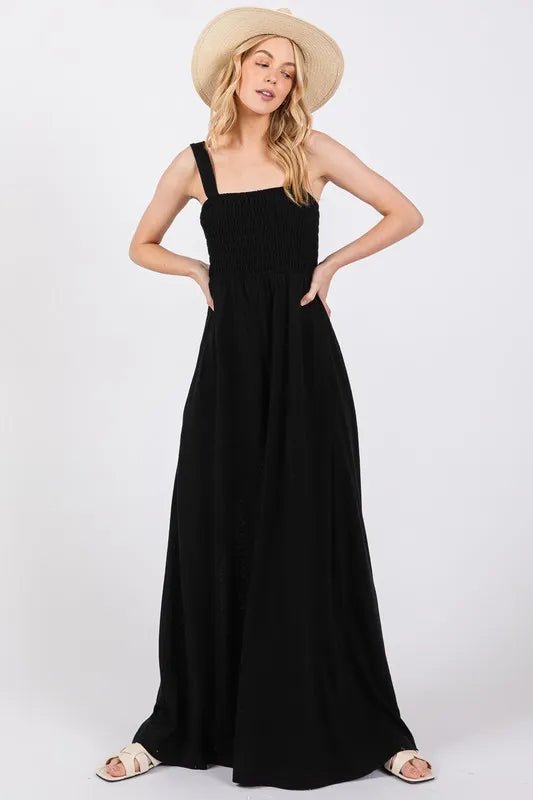Smocked Wide Leg Jumpsuit with Pockets - 
