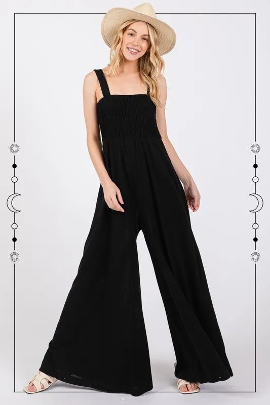 Smocked Wide Leg Jumpsuit with Pockets - 