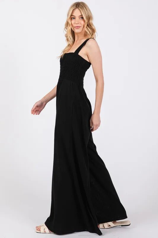 Smocked Wide Leg Jumpsuit with Pockets - 