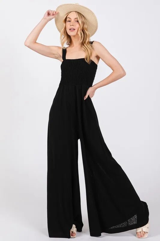 Smocked Wide Leg Jumpsuit with Pockets - 