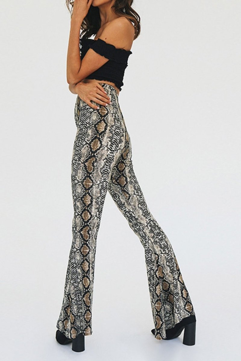 Snakeskin Print Flare Pants - Bottoms