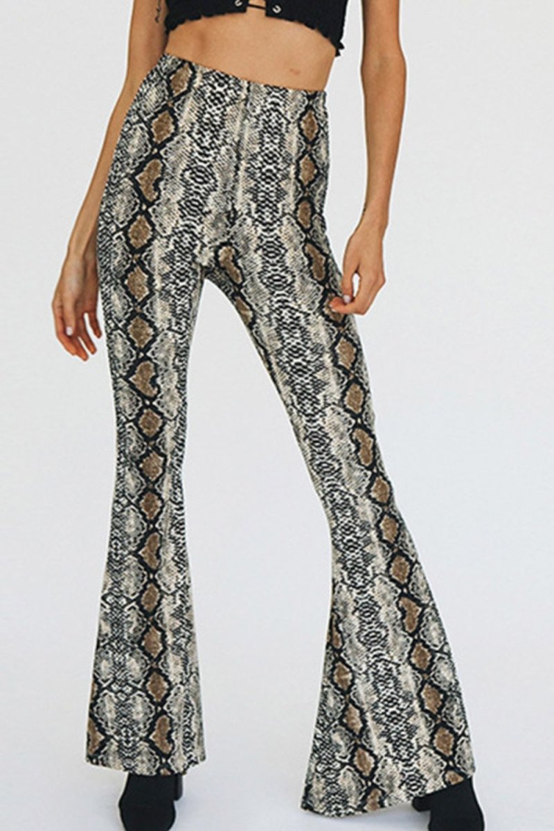 Snakeskin Print Flare Pants - Bottoms