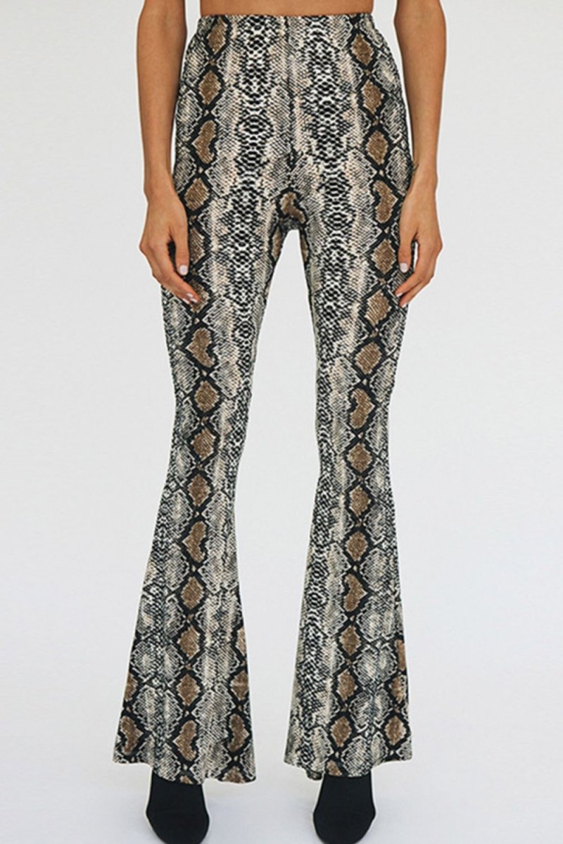 Snakeskin Print Flare Pants - Bottoms