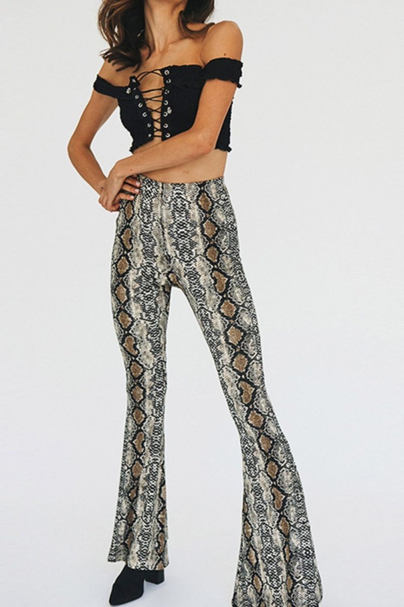Snakeskin Print Flare Pants - Bottoms