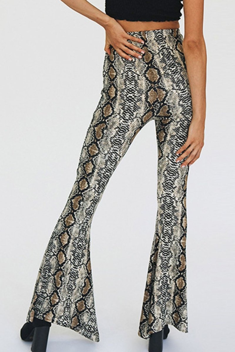 Snakeskin Print Flare Pants - Bottoms