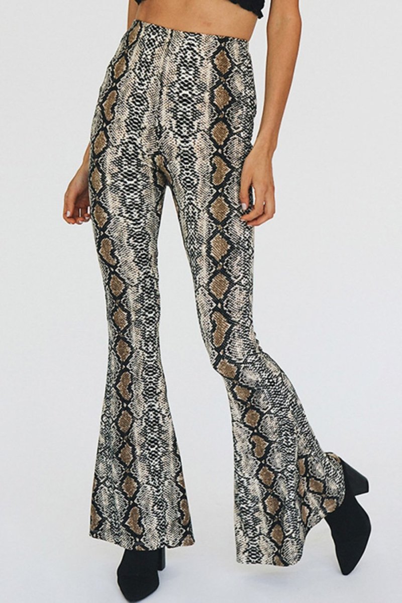 Snakeskin Print Flare Pants - Bottoms