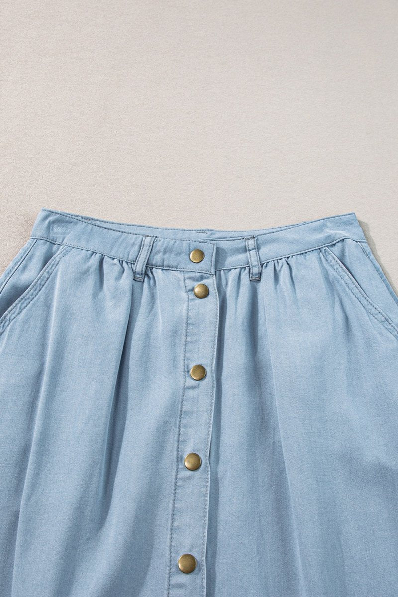 Snap Down High Waist Denim Skirt - Bottoms