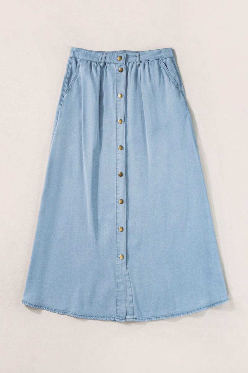 Snap Down High Waist Denim Skirt - Bottoms