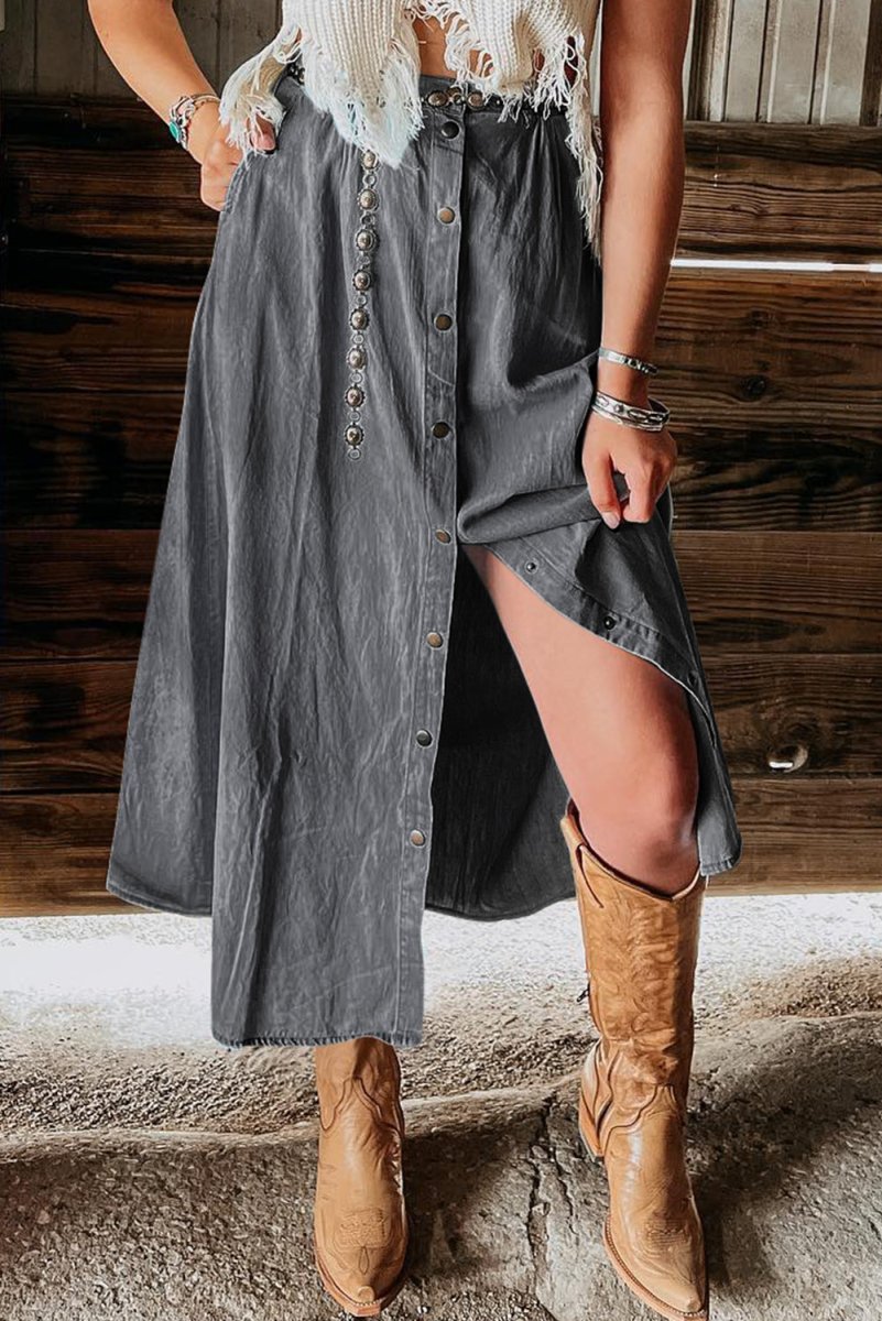 Snap Down High Waist Denim Skirt - Bottoms