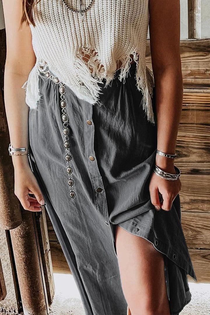 Snap Down High Waist Denim Skirt - Bottoms