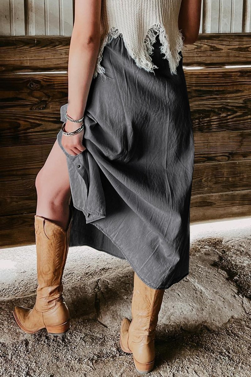 Snap Down High Waist Denim Skirt - Bottoms