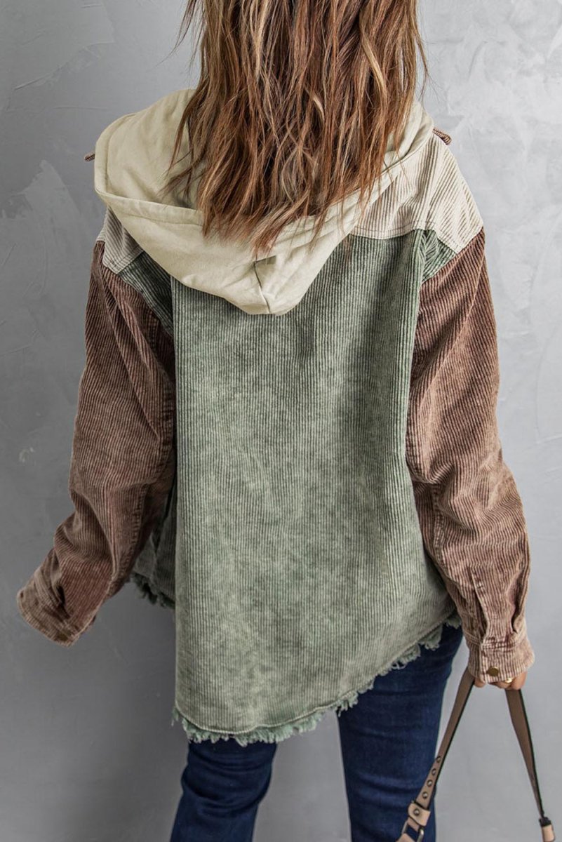 Snap Front Hooded Corduroy Shacket - Outerwear