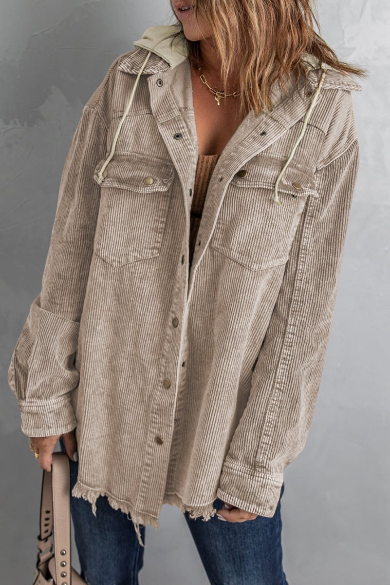 Snap Front Hooded Corduroy Shacket - Outerwear