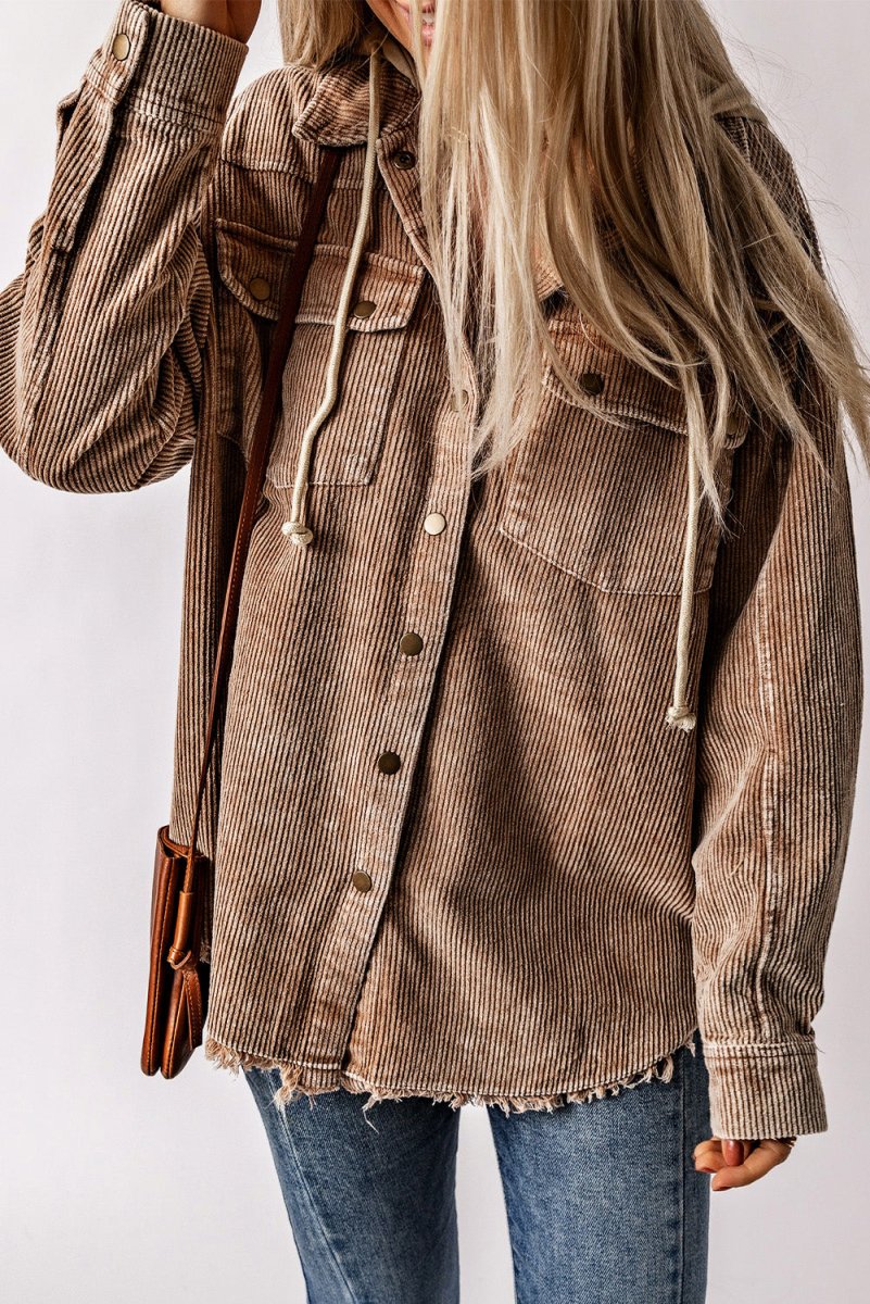 Snap Front Hooded Corduroy Shacket - Outerwear
