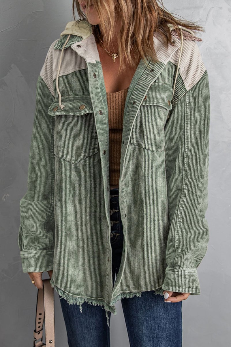 Snap Front Hooded Corduroy Shacket - Outerwear