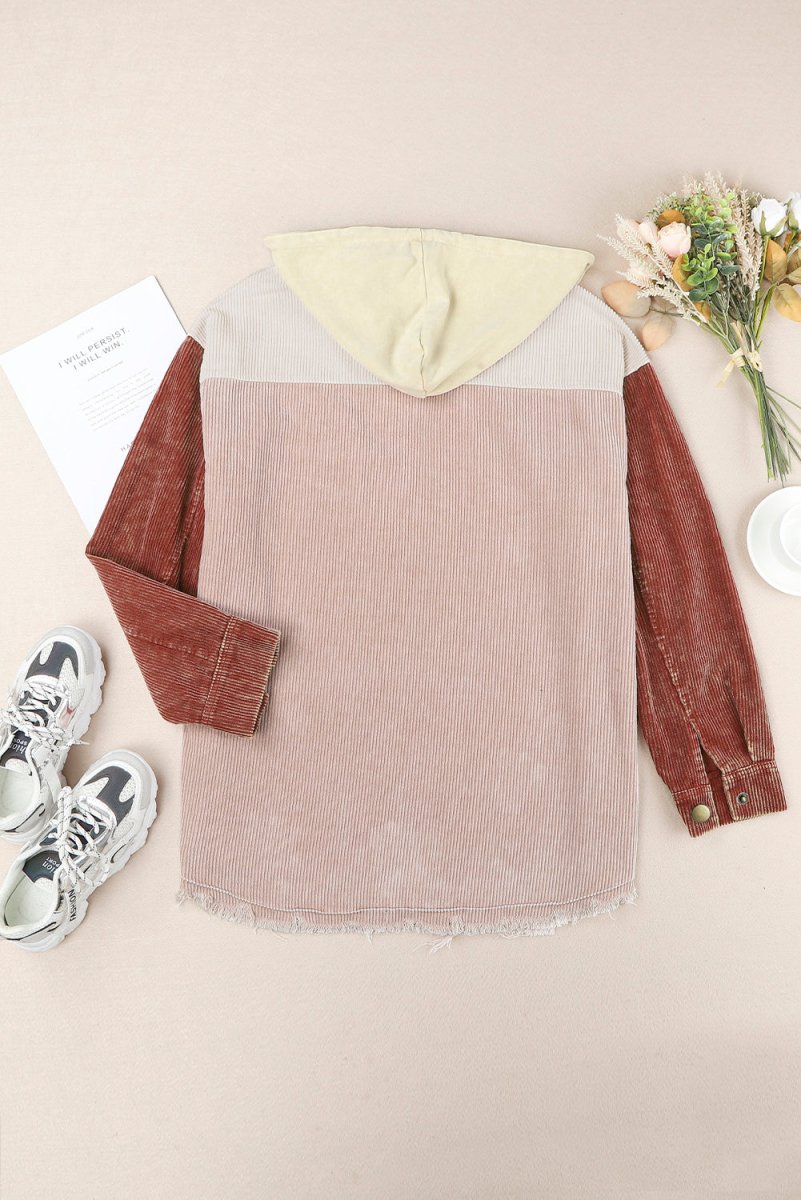 Snap Front Hooded Corduroy Shacket - Outerwear