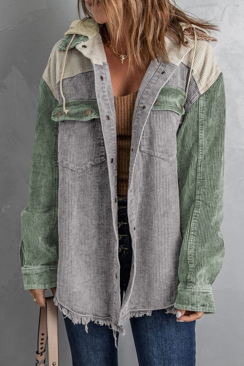 Snap Front Hooded Corduroy Shacket - Outerwear