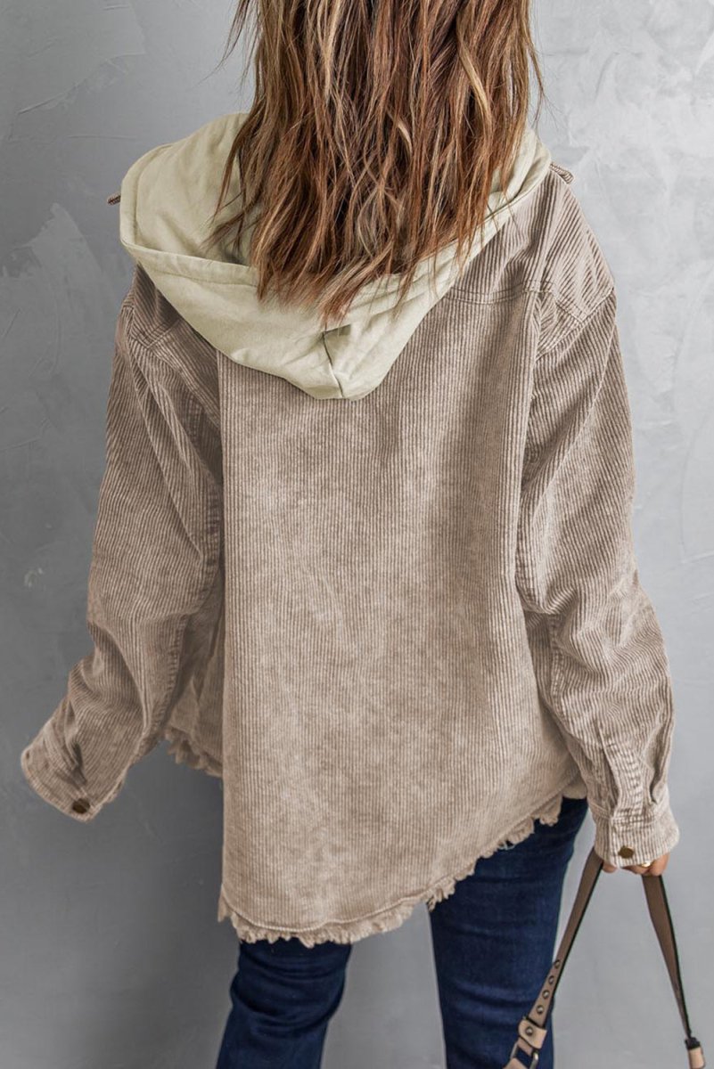 Snap Front Hooded Corduroy Shacket - Outerwear