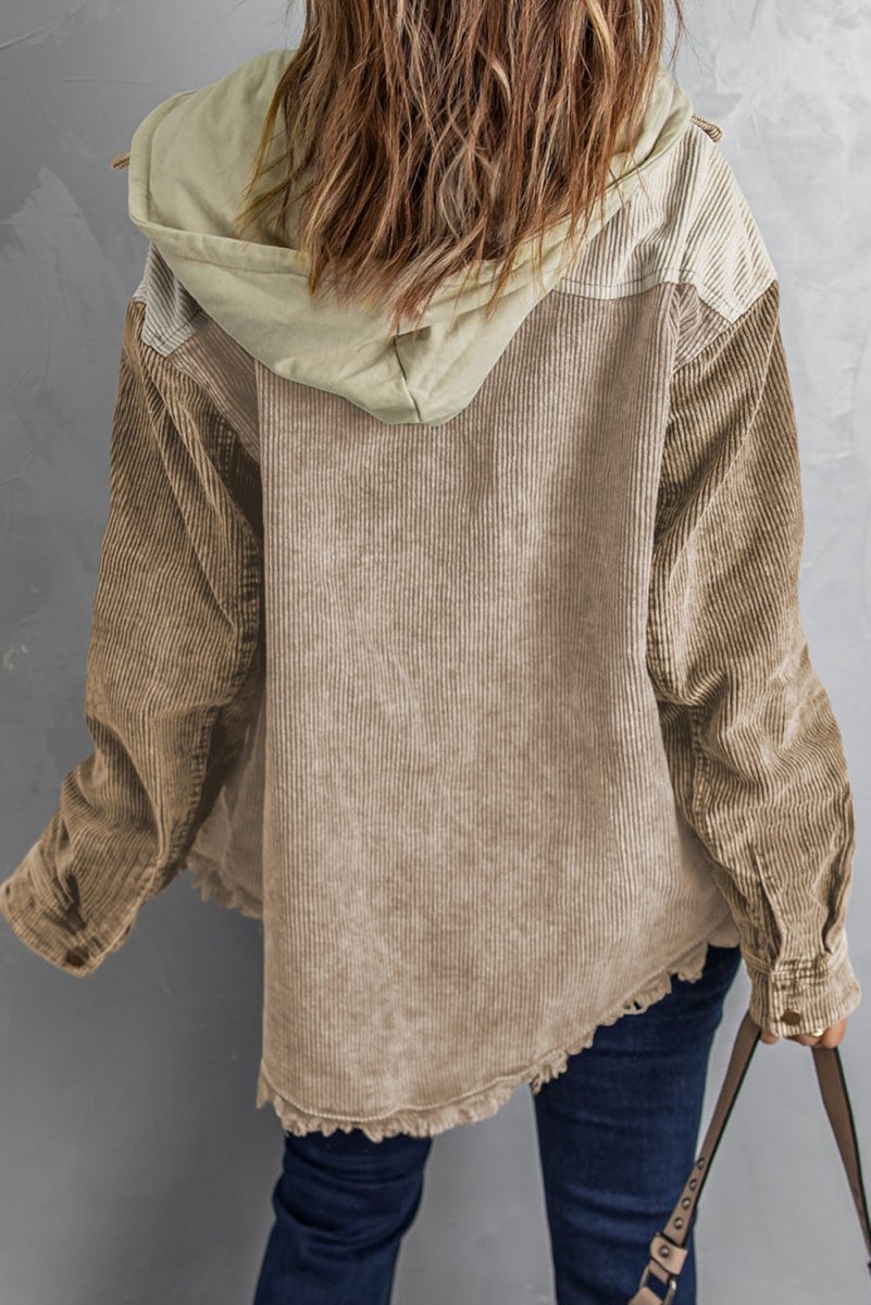 Snap Front Hooded Corduroy Shacket - Outerwear