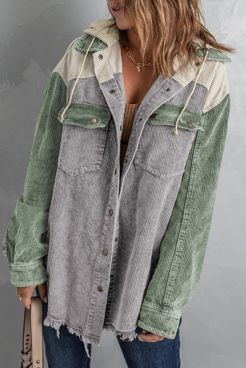 Snap Front Hooded Corduroy Shacket - Outerwear