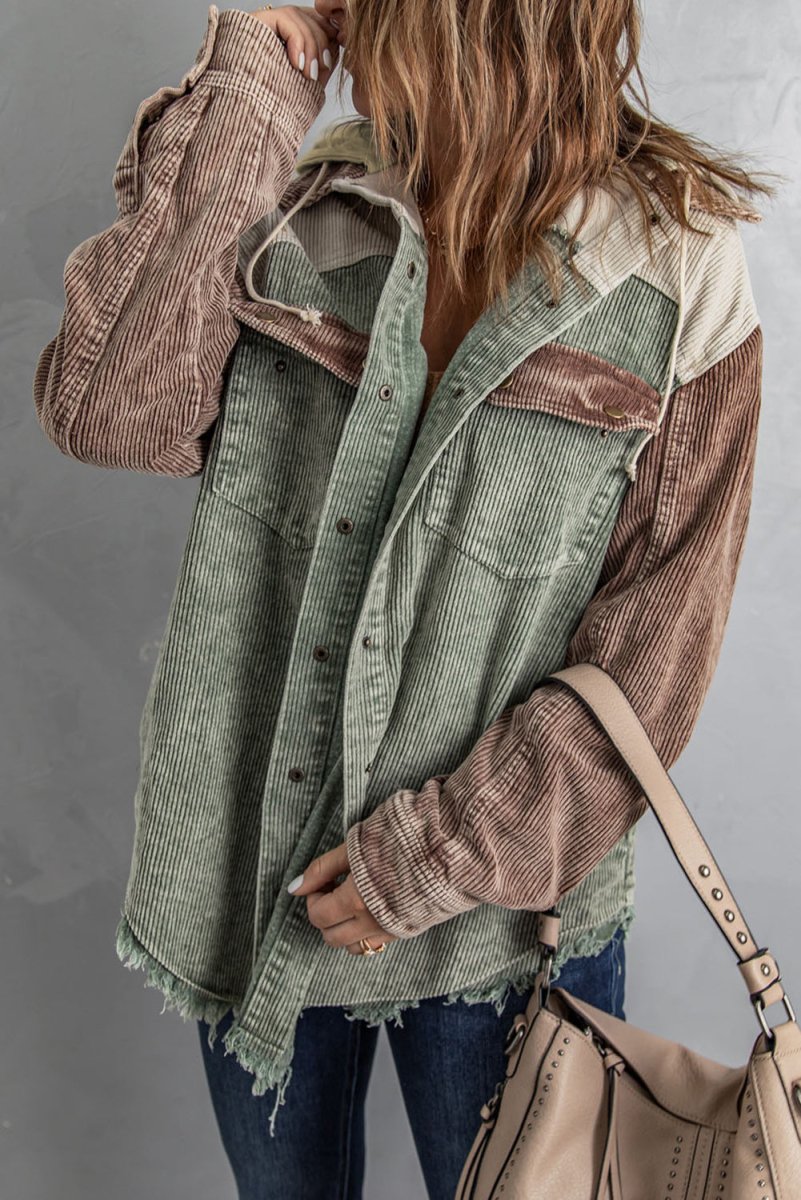 Snap Front Hooded Corduroy Shacket - Outerwear